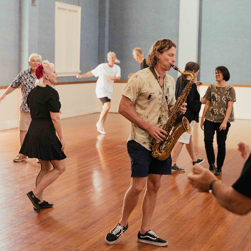 Participants of Everybody NOW's Swing On In, part of QMF's QLD Music Trails in Charleville, 2023